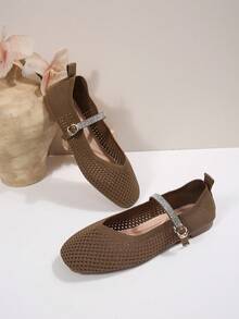 One-Strap Mary Jane Flat Shoes, Mesh Upper, Ankle Strap With Rhinestone Decoration - Brown - View 2