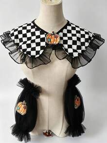 1 Set Black White Checkered Detachable False Collar And Mesh Hand Sleeves Set With Pumpkin Patch For Halloween Clown Cosplay Costume Party Accessory - A - View 12