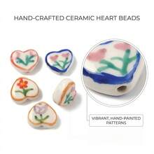 6pcs Hand-Painted Heart-Shaped Ceramic Beads, Floral Pattern Decorative Beads, Sweet Hand-Painted Flower Decorative Beads, Suitable For DIY Bracelets, Necklaces, Earrings And Other Jewelry Making And Handicrafts - Color Mixing - View 3