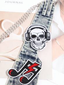 1pc Washed Distressed Denim Skull & Music Note Embroidered Chain Design Women Street Punk Shirt Decorative Tie - Multicolor - View 5
