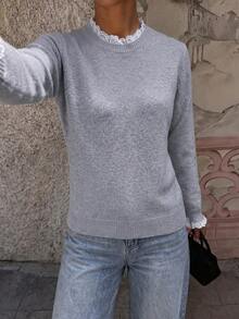Women's Round Neck Loose Fit Long Sleeve Knit Top, Lace Trim Faux Layered Design, Solid Color Sweater, Suitable For Office Commute, Autumn/Winter - Grey - View 4