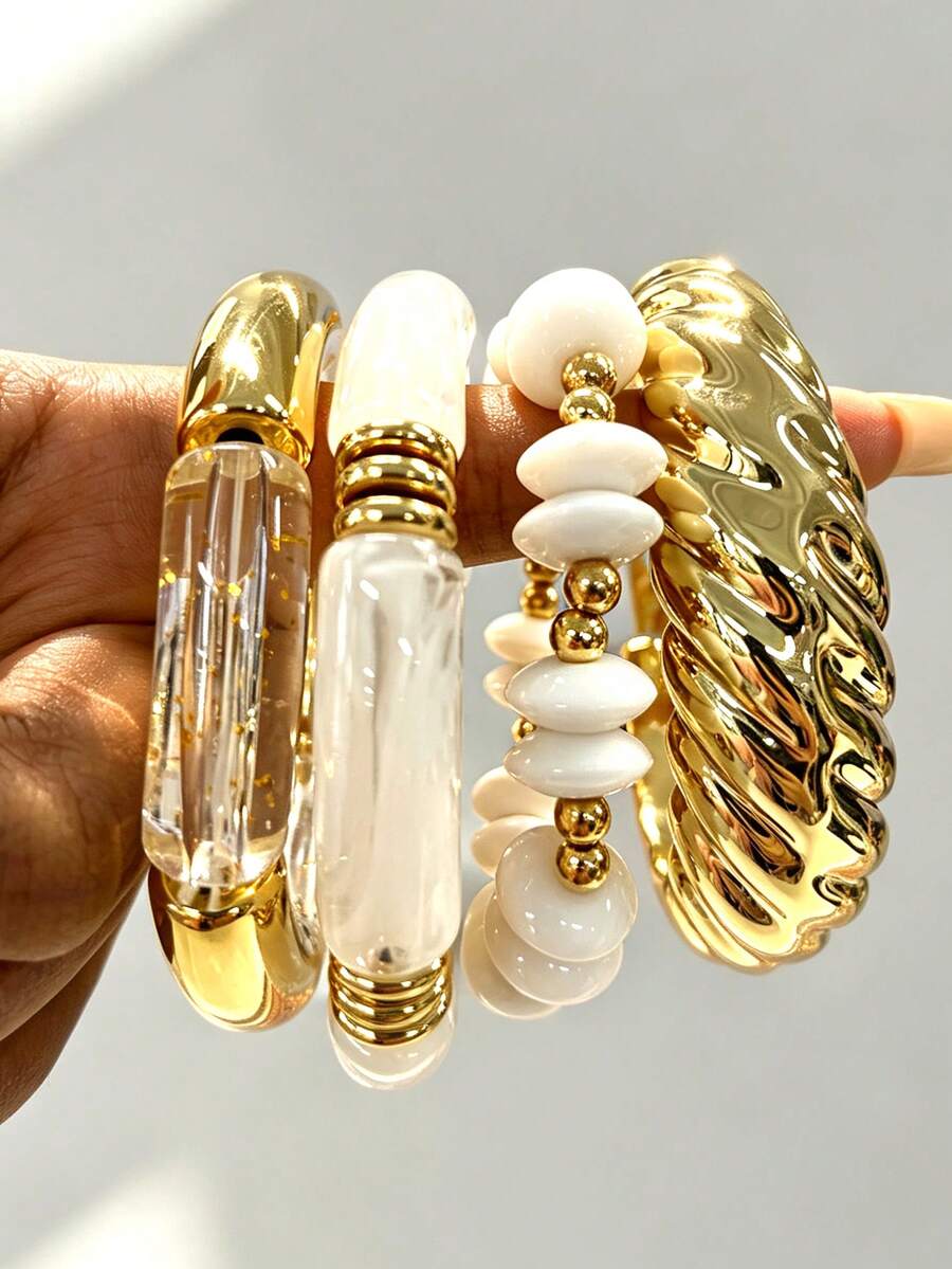 4pcs/1pc Bohemian Style Simple Elegant Fashion Women's Braided Beaded Curved Elastic Bracelet Set, Suitable For Women's Vacation, Date, Daily Wear, Stackable, Perfect Gift Choice - Multicolor - View 1