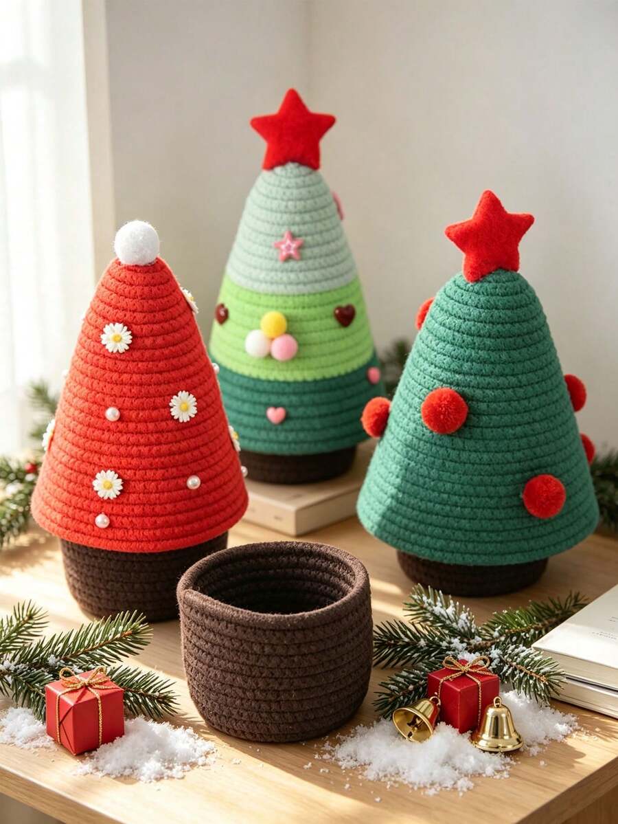 1pc Christmas Lidded Desktop Cotton Woven Storage Basket, Squishy Soft Fabric Decor Bin For Keys Remote Control, Entryway Table Cosmetic Organizer, Festive Winter Style, Multi-Scene Use For Home Decoration