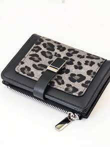 Dompet Pendek Wanita Gaya Vintage PU Motif Leopard Penutup Jepret Tempat Kartu Multifungsi Kapasitas Besar Pengatur ID - Hitam - View 1