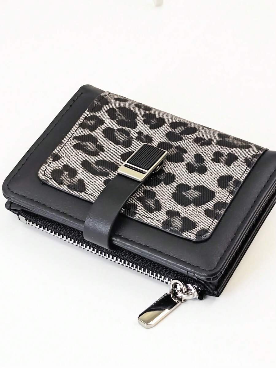 Dompet Pendek Wanita Gaya Vintage PU Motif Leopard Penutup Jepret Tempat Kartu Multifungsi Kapasitas Besar Pengatur ID - Hitam - View 1