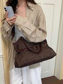 Fashionable Leopard Print Large Capacity Tote Bag, Strap Decor Pleated Versatile Women's Shoulder Bag Underarm Bag, Adjustable Strap Crossbody Bag, Suitable For College, Commuting, Shopping, Street Wear, Daily Use. - Coffee - View 6