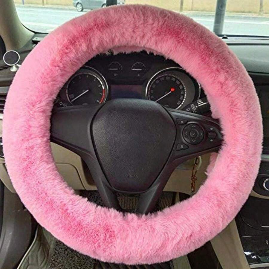 Pink Plush Car Steering Wheel Cover, Cute Fluffy Faux Rabbit Fur Winter Warm Steering Wheel Protector, Soft Non-Slip Universal 15 Inch Car Steering Wheel Cover, Kawaii Car Interior Accessory For Women - Pink Protective Case - View 1