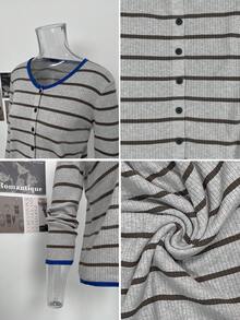 Korean Style Colorblock Striped Slimming Knit Cardigan Women's Autumn Fitted Long Sleeve Knit Top - Grey - View 8