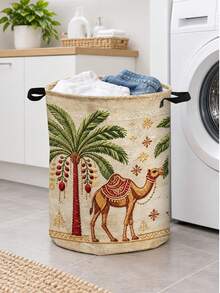 Round Laundry Basket, Craft And Sewing Supplies Storage, Camel And Palm Tree Pattern - Decorative Bohemian Style Dirty Clothes Hamper Suitable For Bathroom Storage, Bedside Organizer With Sturdy Handle Storage Basket For Room Decor 2D Flat Laundry Basket - Multicolor - View 7