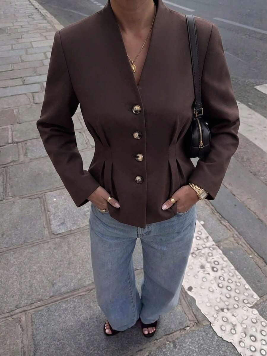 Dirp Noir Women's Elegant Minimalist Front Button Long Sleeve Blazer, Suitable For Commuting, Outings, Office, Autumn Wear - Brown - View 1