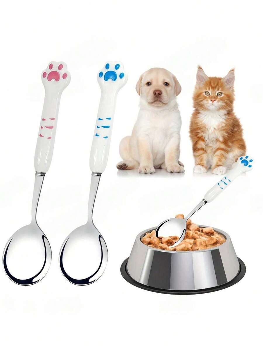 2pcs Long Cat Spoon, Stainless Steel Pet Food Spoon, Pet Canned Food Spoon With Long Handle Feeding Spoon For Wet Food - 2 Pieces - View 1