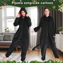 Pijama Mono de Personaje Dragón Negro con Cola para Adultos, Cálido para Otoño e Invierno, Disfraz Festivo de Navidad, Excelente Opción de Regalo de Pareja - Negro - Ver 7