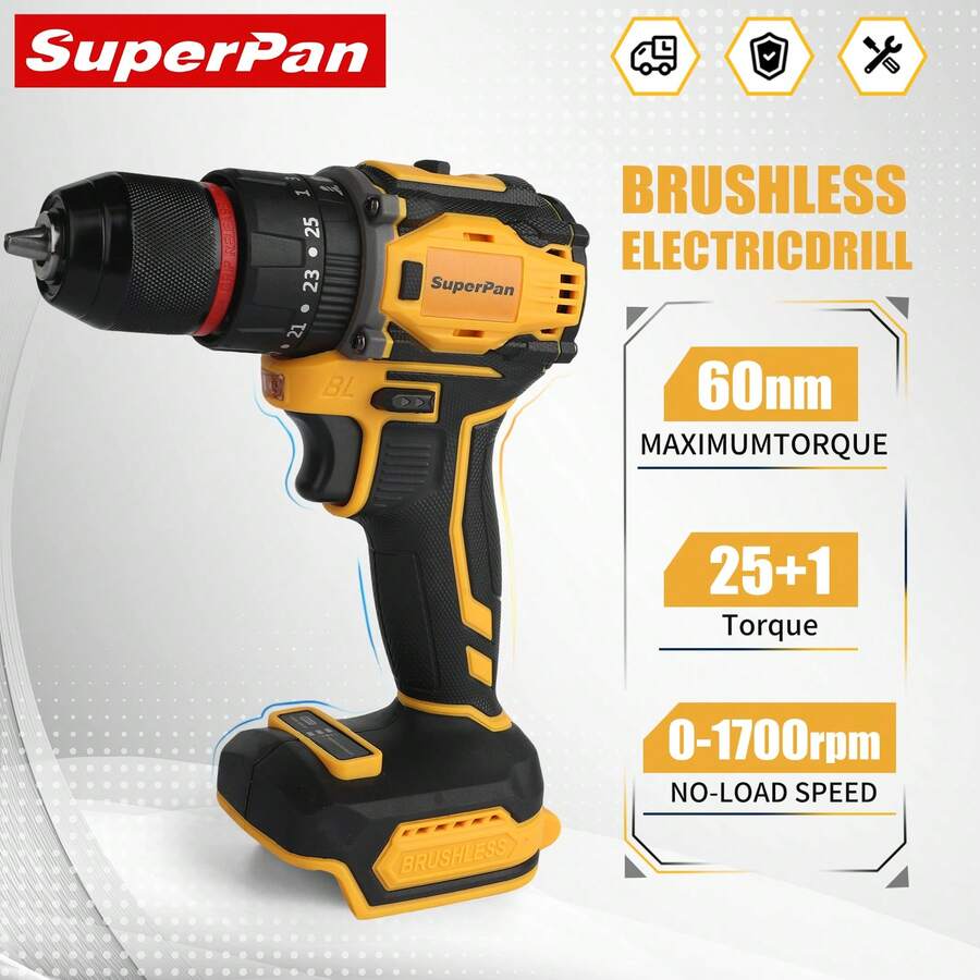 SuperPan Alat Listrik Isi Ulang 20V Torsi Tinggi Tanpa Sikat Baterai Lithium-Ion Bor Tangan/Obeng Kelas Industri Rumah/Industri Bor Dampak Multifungsi (Hanya Alat - Baterai Tidak Termasuk) - Kuning - View 1