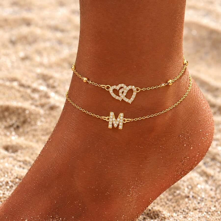 2Pcs/Set Vintage Fashion Heart Initial Gold Color Stainless Steel Bead Chain Layered Anklets For Women - Yellow Gold - View 1