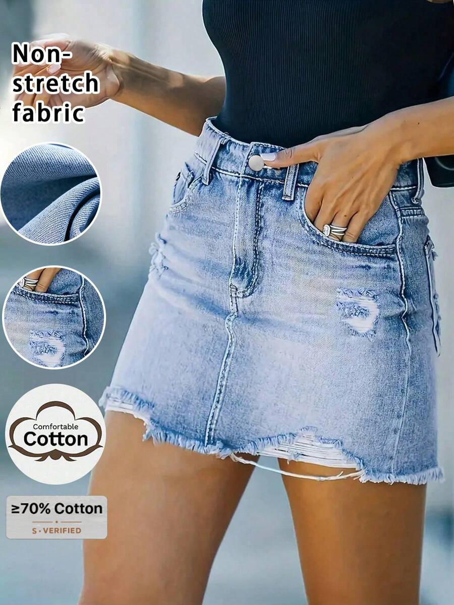 Women's Pockets Distressed Frayed Hem Fashionable Denim Mini Skirt Casual Summer
