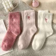 5/10 Pairs Cute Bow Embroidery Plush Mid-Calf Socks, Thickened Coral Fleece Women's Socks, Soft And Comfortable, Autumn/Winter Socks, Warm Socks, Christmas/Halloween Gifts, Women's Mid-Calf Socks, Women's Socks, Pink Socks, Comfortable And Soft, Girls' Socks, Back To School, Collegiate Style - Multicolor - View 2