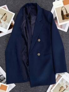 Spring/Summer Women's Solid Color Long Sleeve Double-Breasted Blazer, Notch Lapel | Suitable For Dates, Parties, Outings And Holiday Celebrations - Navy - View 7
