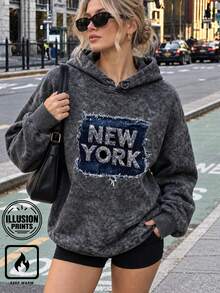 女款秋冬新款極簡 NEW YORK 印花休閒時尚百搭保暖內裡連帽衛衣 黑色 - 黑色 - 查看 2