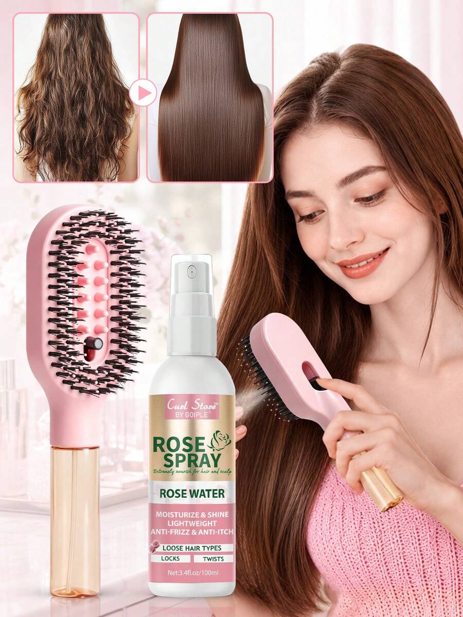 Goiple Rose Water Mist, Hair Refreshing Spray, 2-In-1 Detangling Comb With Spray, Moisturizes And Smooths Frizz, Rose Water Hydrating Mist Suitable For Dreadlocks, Braids, Curly Hair, Spiral Hair And Wavy Hair, Refreshing Formula, Suitable For All Hair Types - Travel Size - View 1