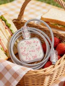 4pcs Pink Cherry Bow Data Cable Charger Protective Covers Compatible With UK 20W Series Chargers - Clear - View 3
