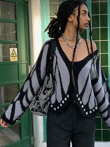 Fall/Winter Casual Loose Colorblock Knit Party Cardigan Goth Sweater Top - Grey - View 6