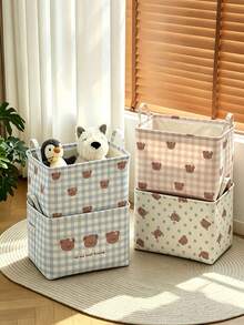 1pc Bear Print Checkered Storage Bin,Sweet Minimalist Style Fabric Rectangular Shape With Carry Handle Detail,Foldable Large Capacity Clothes Sundries Storage Organizer,For Bedroom Home Daily Use All Season Household Decor Christmas Clothing Storage - Multicolor - View 3