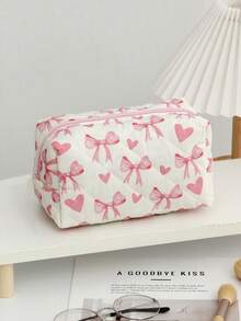 Tas Kosmetik Quilted Putih Krem dengan Pita Pink & Motif Hati, Tas Make Up Travel Kapasitas Besar - MultiWarna - View 8