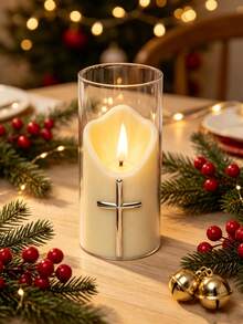 3pcs/Set Holiday Atmosphere Hot-Selling Religious Series Cross Electronic Candle Light Decor, Living Room Bedroom Bedside Table Ornament, Night Light Suitable For Multiple Scene Decoration - Beige - View 4