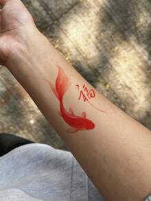 1pc Temporary Tattoo Sticker, Chinese Style Red Koi Fish Fu Character Ink Wash Pattern, Realistic Fake Tattoo Design, For Daily Wear, Bachelorette Party Favors, Music Festival, Game, Graduation Gift, Lasts 3‑5 Days - Red - View 4