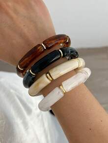 4pcs Multi-Layer Fashion Minimalist Elegant Exquisite Vintage Design Colorful White Brown Black CCB Splicing Asymmetrical Tie-Dye Pattern Elastic Beaded Bracelets Geometric Round Bracelet Set Holiday Vacation Party Date Gift Daily Commute Wear Personalized - Multicolor - View 5
