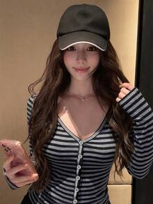 極簡通勤風天絲 V 領條紋修身女款上衣 - 藏蓝色 - 查看 3