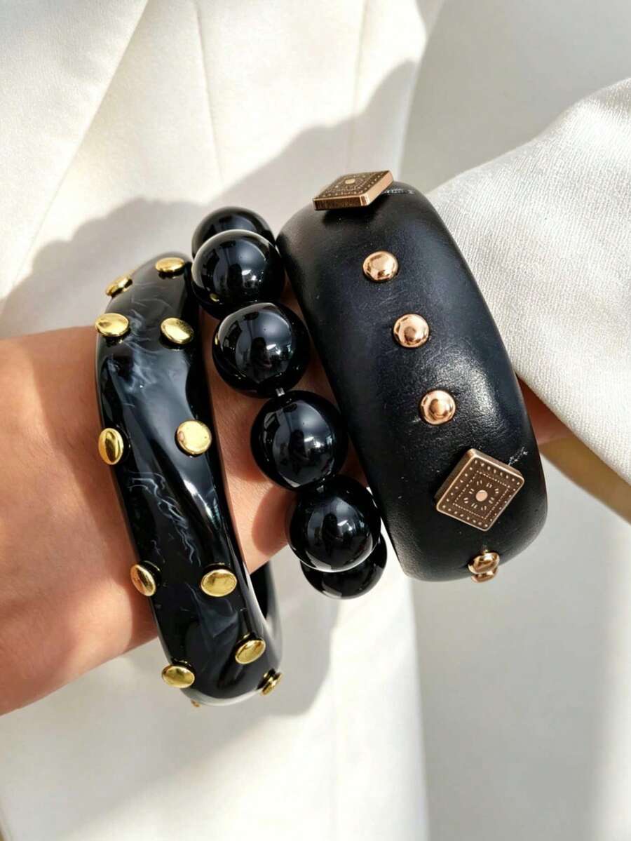 imoli 3pcs/Set Vintage Punk Style Stackable Resin Wide Cuff Inlaid Rivet CCB Square Bead Women's Bracelet Set, Bracelet, Wrist Jewelry, Suitable For Daily Party Matching Accessories