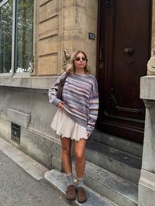 Vivid Style Women's Pink Striped Fuzzy Knit Sweater, Round Neck Space Dye Gradient Loose Drop Shoulder Long Sleeve Rainbow Warm Knit Pullover Top - Blue - View 6