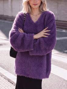 Women's Purple Casual Lazy Fuzzy Knit Pullover Sweater, Long Sleeve, Comfortable And Warm, Regular Fit, Suitable For Winter Wear - Purple - View 5