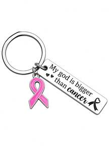 1pc/6pcs/15pcs/24pcs Breast Cancer Awareness Pink Ribbon Keychain My God Is Bigger Than Cancer Inspirational Faith Key Ring Women's Gift - Silver - View 8
