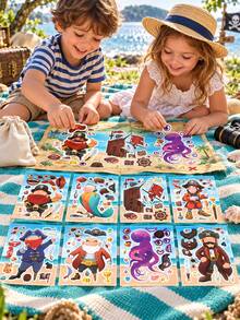 Build A Pirate Educational Puzzle Stickers Sheets, Parent-Child Interactive DIY Make A Face Parrot Ship Octopus Craft Decals For Happy Birthday Decorations, Halloween Theme Party Celebration Games Supplies - Multicolor - View 4