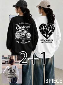 Women's Fashion Autumn/Winter Loose Round Neck Casual Versatile Letter Heart Motorcycle Print Long Sleeve T-Shirt 3pcs/Set - Black + White + Light Heather Gray - View 3