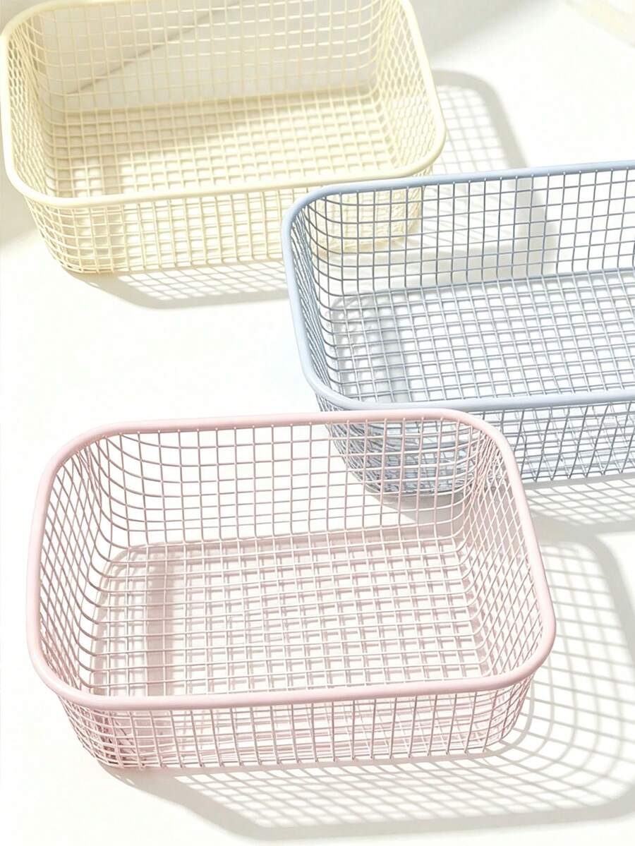 Macaron Color Metal Mesh Storage Basket Set, Square Hollow Desktop Organizer Tray, Multi-Functional Countertop Storage Rack, Suitable For Stationery, Cosmetics, Home Sundries, Home Office Use