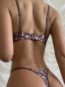 Women's Brown Satin Floral Lace Lingerie Set - Bra & Thong 2-Piece - Brown - View 2