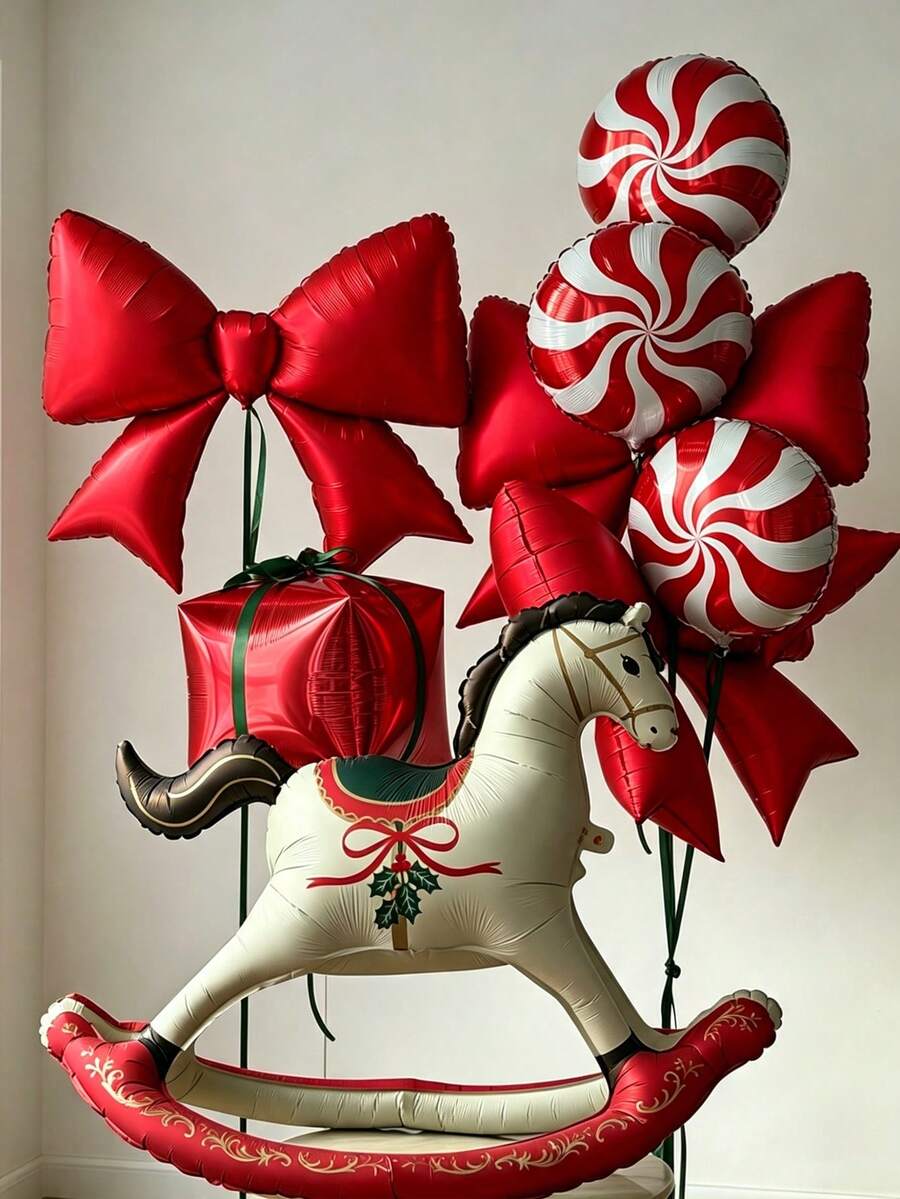 9pcs/Set Christmas Rocking Horse Foil Balloon Set, With Red Bow, Red Candy And Gift Box, Suitable For Christmas, Family Gathering, Baby Shower, Store Window, Holiday Party Decoration - Christmas Rocking Horse - View 1