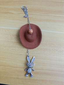 1pc Geometric Bead Cowboy Hat Rabbit Car Hanging Ornament, Brown Fuzzy Hat Silver Rhinestone Bunny Metal Chain Rearview Mirror Pendant Boho Gift - Hat Rabbit - View 6