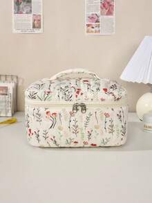 Floral Quilted Makeup Bag With Handle, Large Capacity Double Zipper Cosmetic Organizer For Makeup, Brushes And Toiletries, Portable Travel Storage Case For Women - Multicolor - View 13