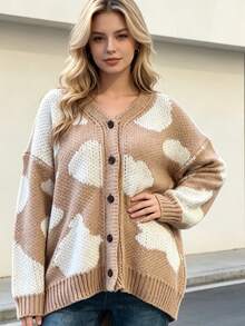 Áo cardigan len đan dày họa tiết da bò cho nữ size lớn, màu kaki phối chấm trắng, cài nút trước, dáng rộng, áo khoác cho mùa thu đông - Nhiều màu - Xem 3