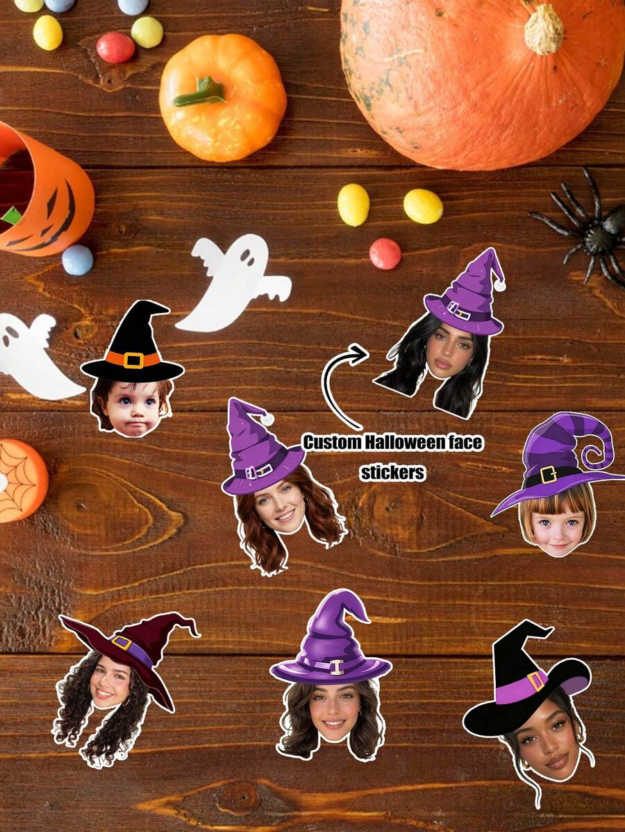 1pc Customized Halloween Witch Hat Face Sticker, Happy Halloween Personalized Sticker, Custom Head Sticker With Facial Photo, Suitable For Holiday Gifts, Envelopes, Greeting Card Labels, Stickers Self-Adhesive Photo Labels - Custom Face Stickers - View 1