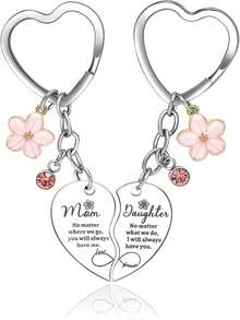 Mother & Daughter 2pcs Set Pink Flower Rhinestone Pendant Heart Matching Keychain, Backpack Wallet Charm, Christmas Birthday Gift - Silver - View 1