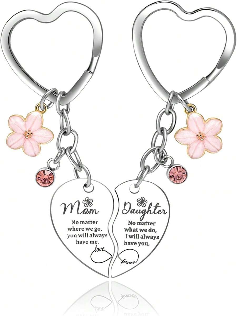 Mother & Daughter 2pcs Set Pink Flower Rhinestone Pendant Heart Matching Keychain, Backpack Wallet Charm, Christmas Birthday Gift - Silver - View 1