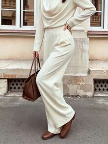 Fall Women High Waist Pleated Wide Leg Pants, Elastic Back Waist Casual Trousers With Pockets - Apricot - View 3