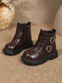1 Pair Kids Leather Buckle Short Boots Soft PU Dual Hook & Loop + Inner Zipper Design Maillard Style Motorcycle Boots Suitable For Daily School Outdoor Autumn Winter New Arrival - Coffee Brown - View 2