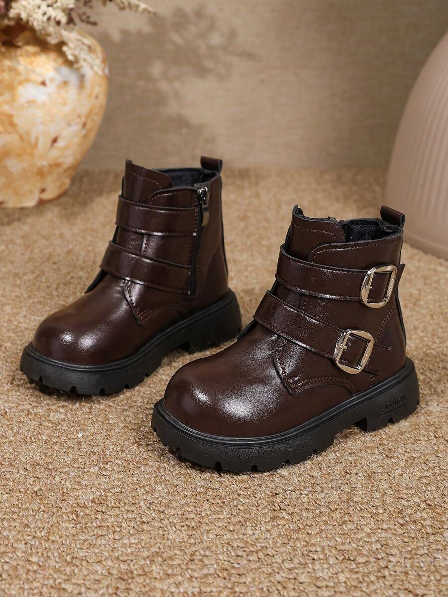 1 Pair Kids Leather Buckle Short Boots Soft PU Dual Hook & Loop + Inner Zipper Design Maillard Style Motorcycle Boots Suitable For Daily School Outdoor Autumn Winter New Arrival