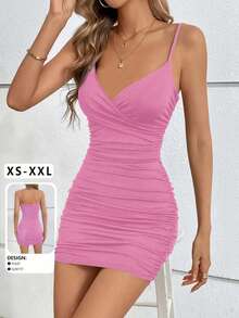 Sexy V-Neck Ruched Bodycon Cami Mini Dress, New For Spring/Summer Elegant Pink - Pink - View 7